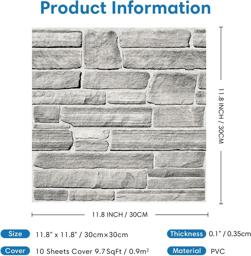 COMSTICKC 3D Faux Stone Wall Panel Peel and Stick Wall Tiles, 10 Pcs of 12"X12", Ultra-Light Thin PVC Rock Adhesive Fake Stone Wallpaper Paneling Backsplash Interior Decor, Gray - Image 5